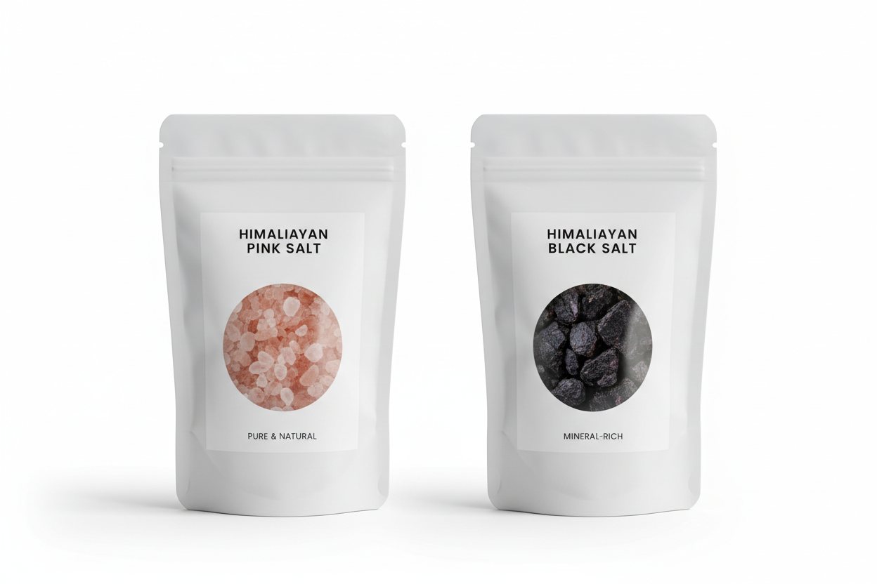 Himalayan Pink Salt in white Standing Pouch Hero Image, Himalayan Black Salt in standing pouch in white standing pouch 